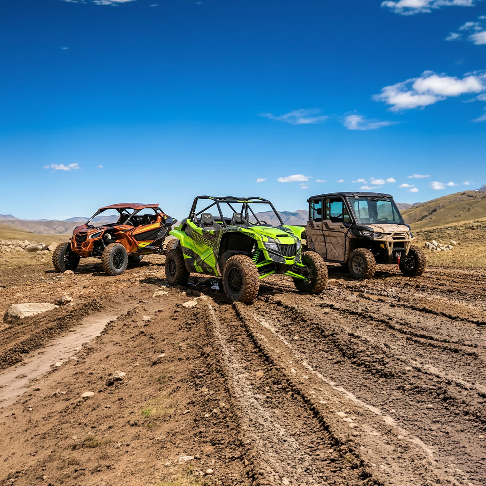 Three SxS vehicles with UTVFX Graphics wraps parked in a field