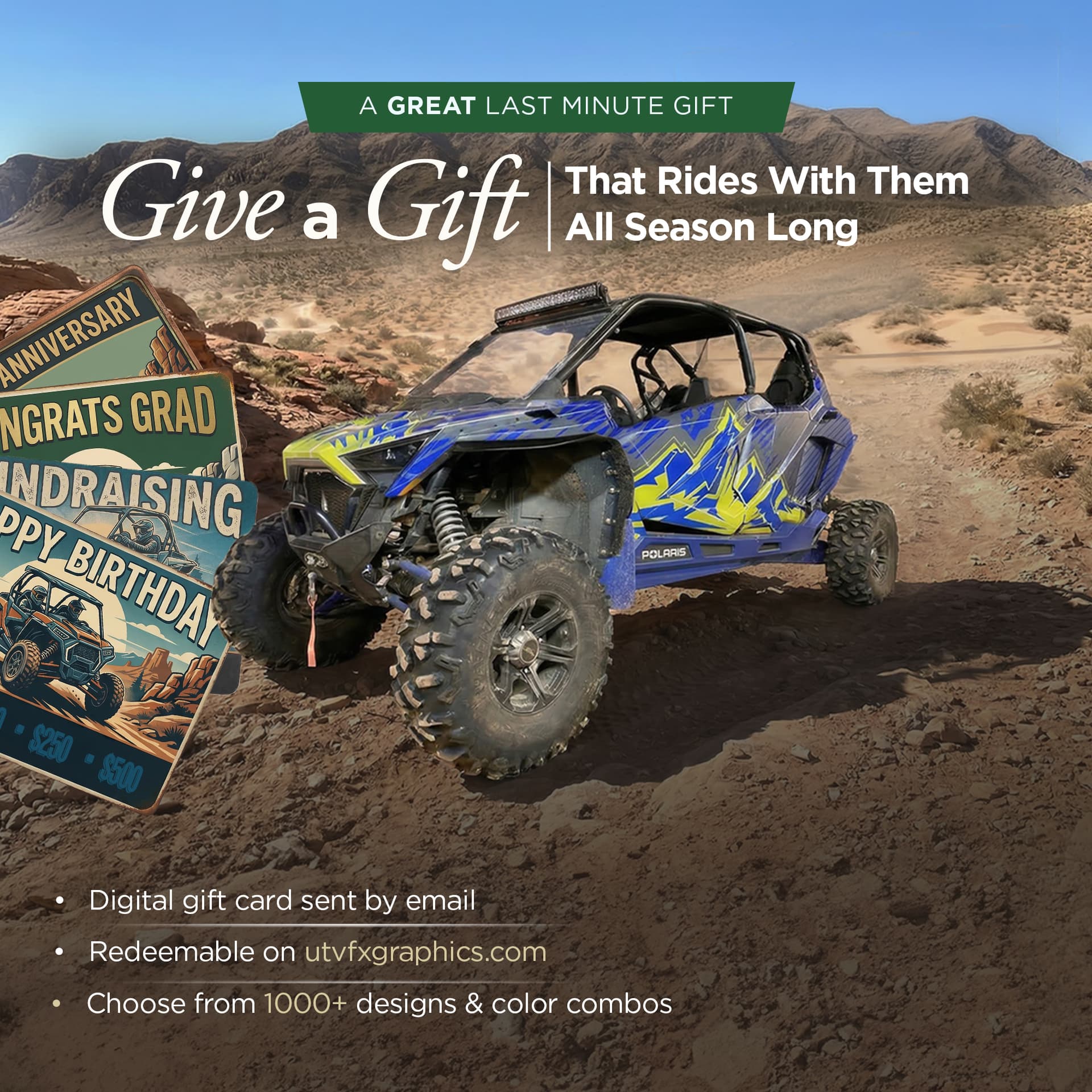 Give a gift that rides with them all season long. Digital gift card sent by email. Redeemable on utvfxgraphics.com. Choose from 1000+ designs and color combos.
