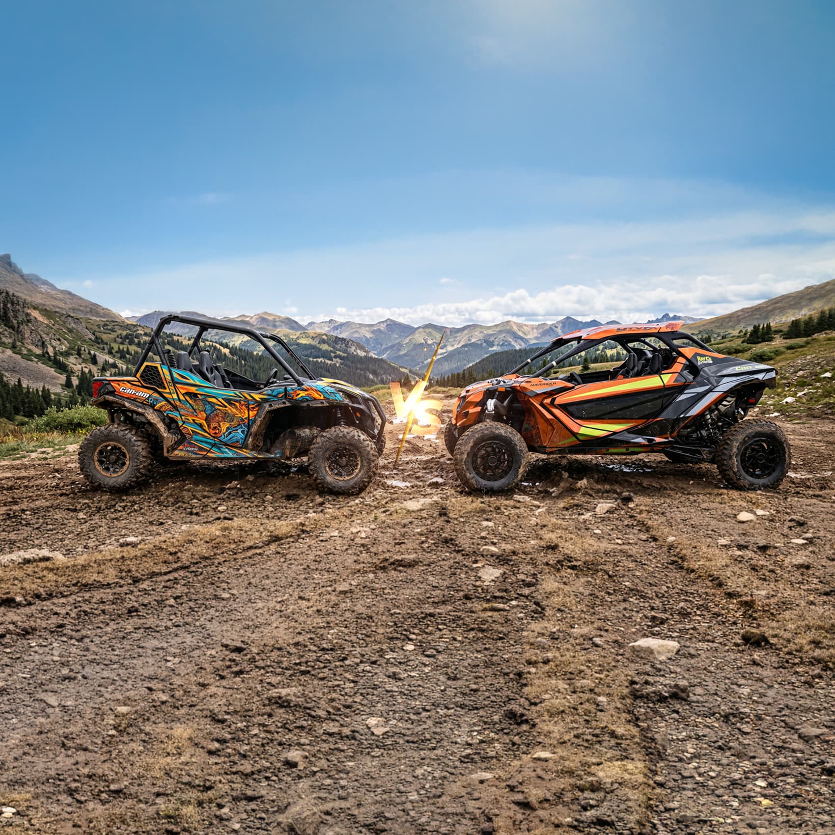 Two SxS vehicles that have UTVFX Graphics wraps on them. One of them has a ready made template wrap from the UTVFX catalog. The other has a fully cutom designed wrap.